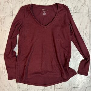 American Eagle Outfitters Deep Red Long Sleeve V-Neck Top